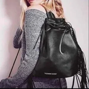 Victoria’s Secret Black Sleek Leather Fringe Backpack Bucket Bag Purse Handbag Victoria main image 2